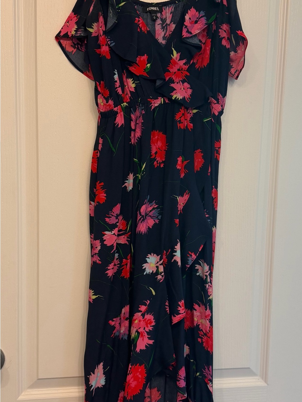 Express Navy High Low Dress with Pink and Red Floral Print